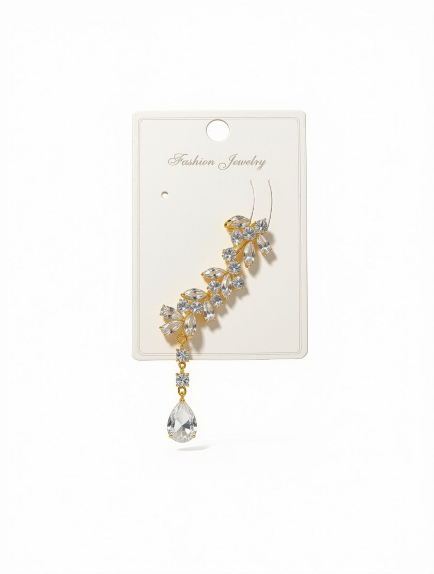 Crystal Leaf Ear Climber with Teardrop Dangle – Gold Bridal Ear Crawler displayed on a fashion jewelry card