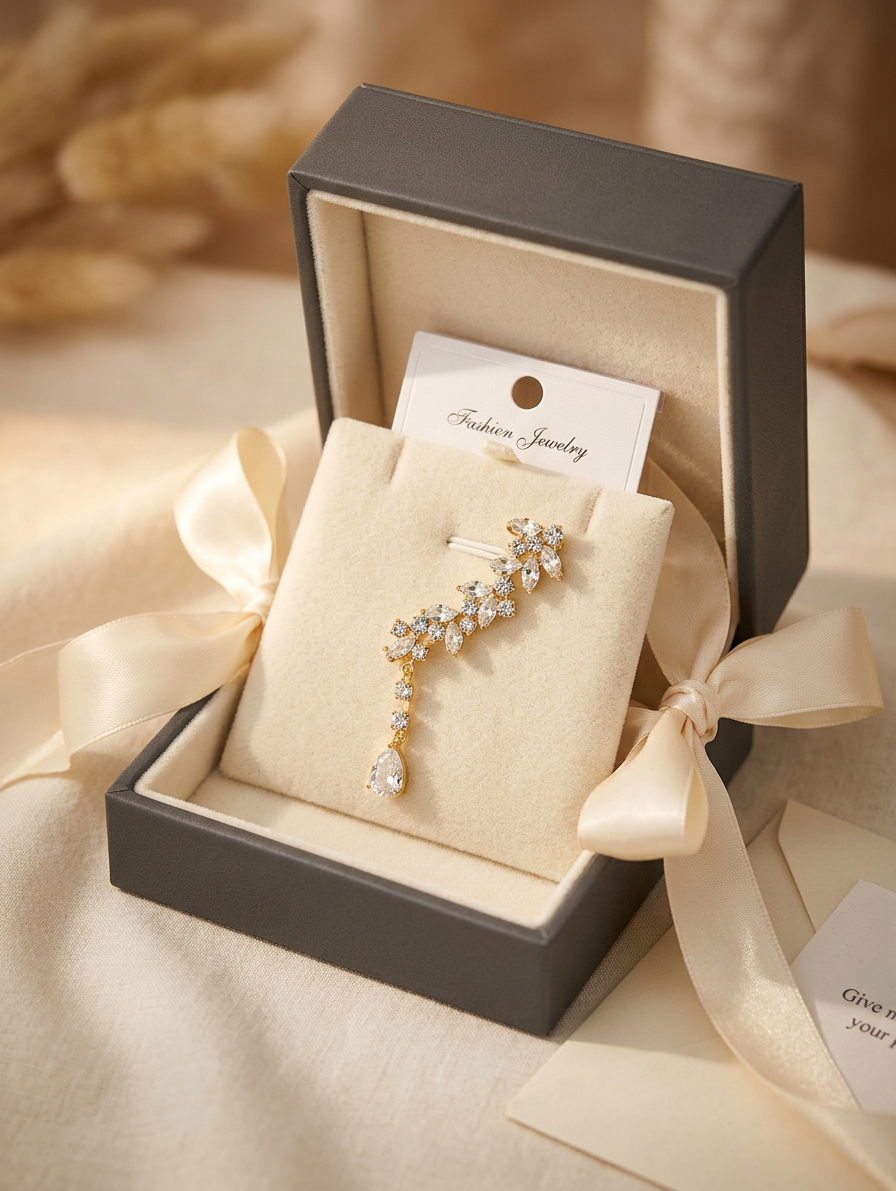 Crystal Leaf Ear Climber with Teardrop Dangle – Gold CZ Ear Crawler, Non-Piercing Bridal Ear Cuff & Wedding Statement Earring for Women