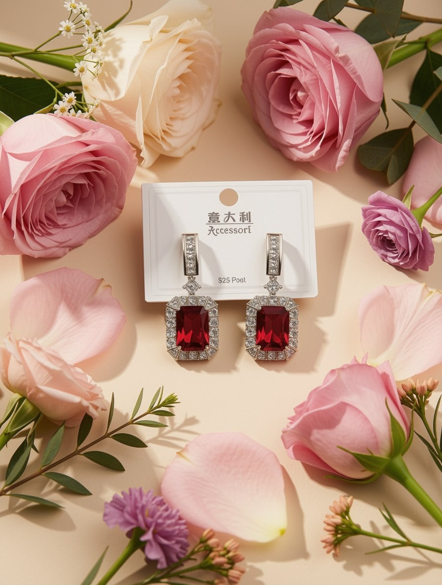 Elegant Rectangular Ruby Red Crystal Dangle Earrings | Statement Geometric Bridal & Evening Earrings | Luxury Gold-Tone Rhinestone Drops