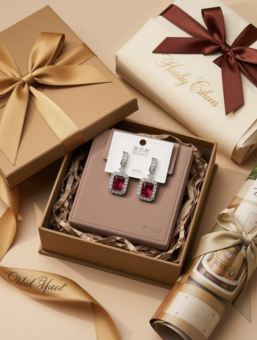 Elegant Rectangular Ruby Red Crystal Dangle Earrings | Statement Geometric Bridal & Evening Earrings | Luxury Gold-Tone Rhinestone Drops