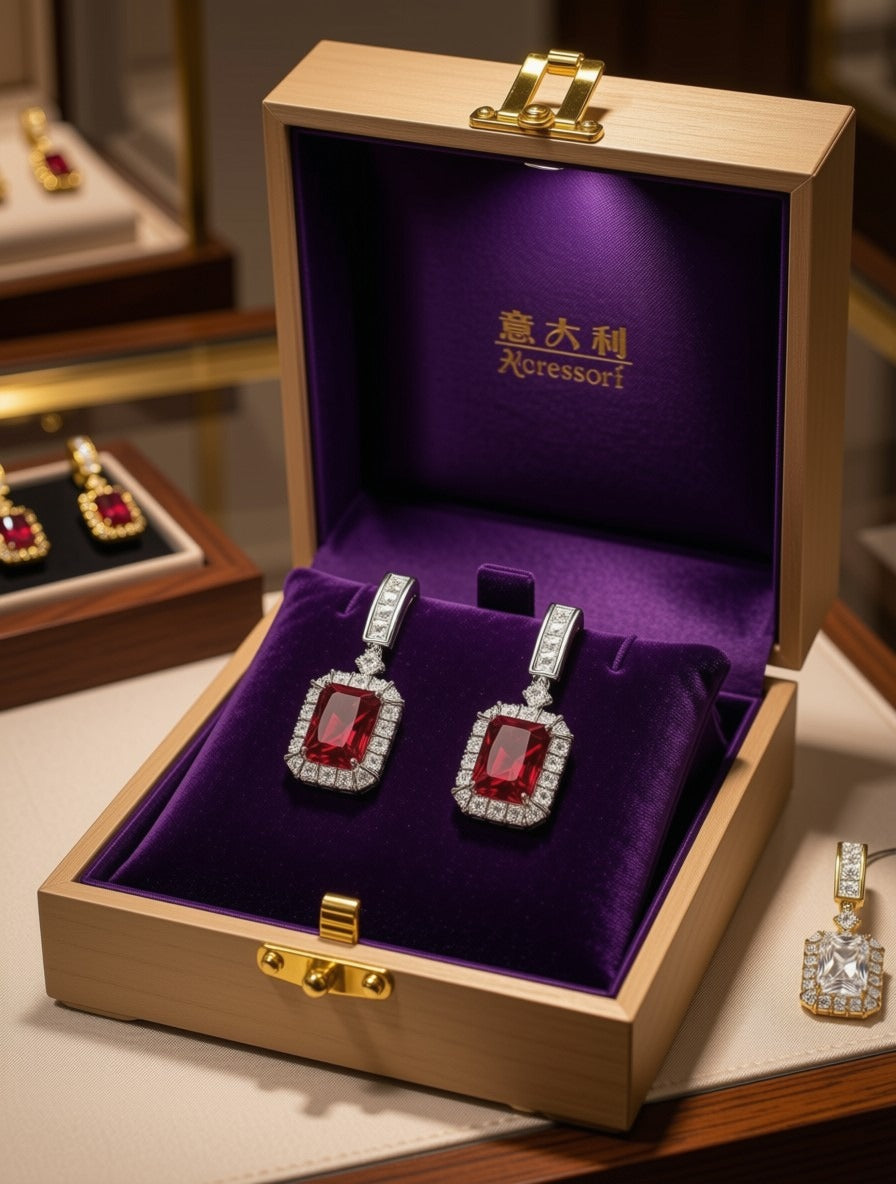 Elegant Rectangular Ruby Red Crystal Dangle Earrings | Statement Geometric Bridal & Evening Earrings | Luxury Gold-Tone Rhinestone Drops