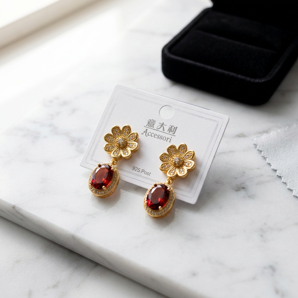 Gold Flower Dangle Earrings with Ruby Red Crystal | Statement Floral Drop Earrings | Bridal & Wedding Jewelry | Elegant Gift for Her