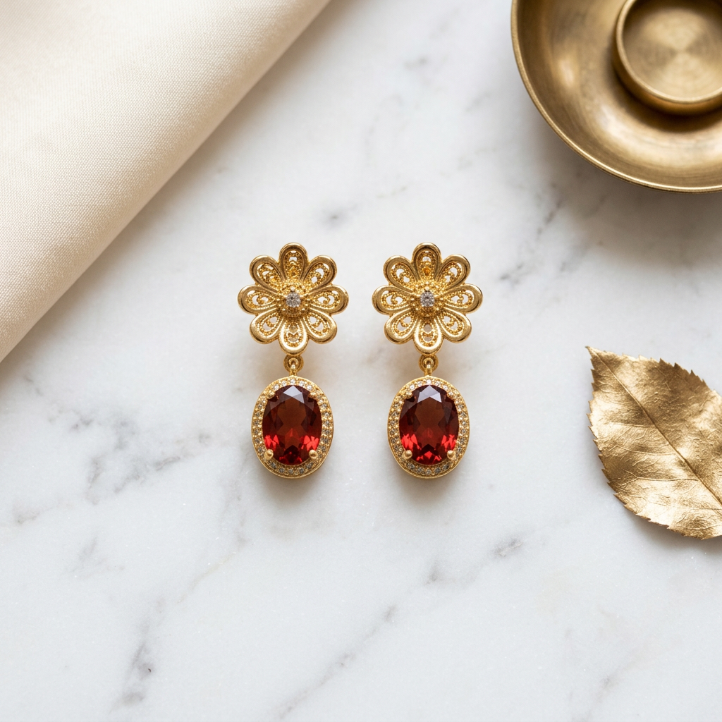 Gold Flower Dangle Earrings with Ruby Red Crystal | Statement Floral Drop Earrings | Bridal & Wedding Jewelry | Elegant Gift for Her
