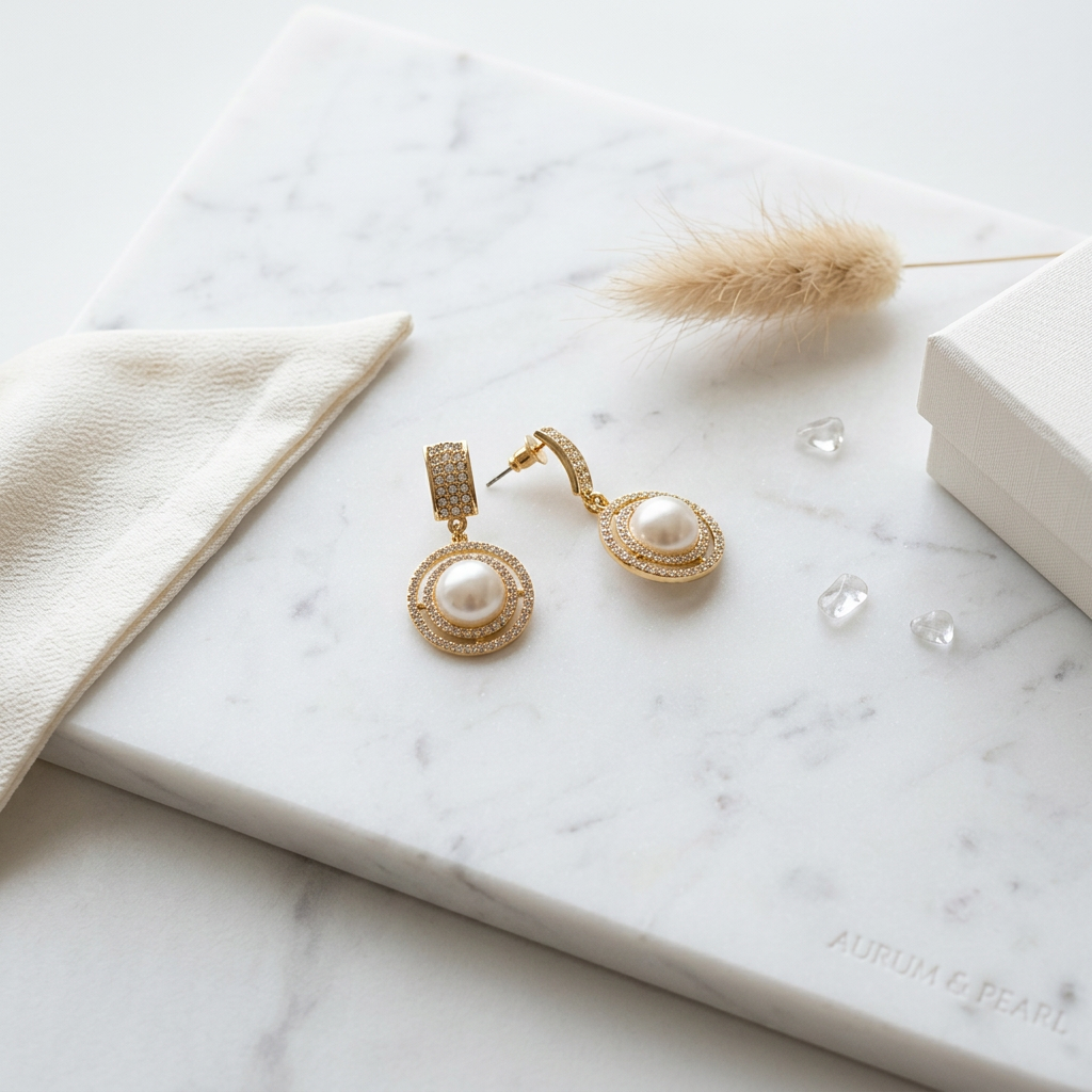 Elegant Pearl & Crystal Halo Statement Earrings | Gold Vintage-Inspired Dangle Earrings | Bridal Jewelry for Bridesmaids | Classic Glamour Earring Drops