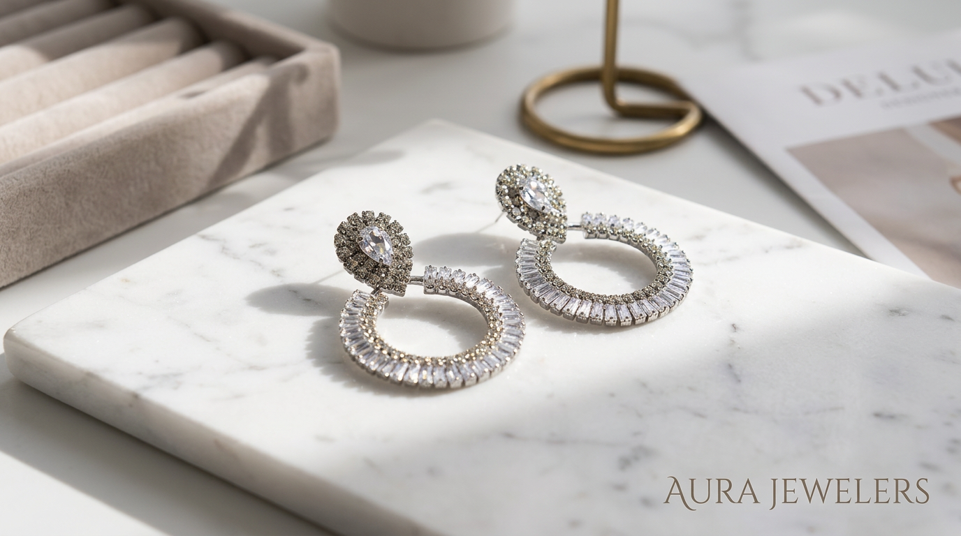Luxury Baguette Crystal Statement Earrings | Sunburst Geometric Hoop Drops | Art Deco Bridal Wedding Jewelry | Glamorous Evening Chandelier Post