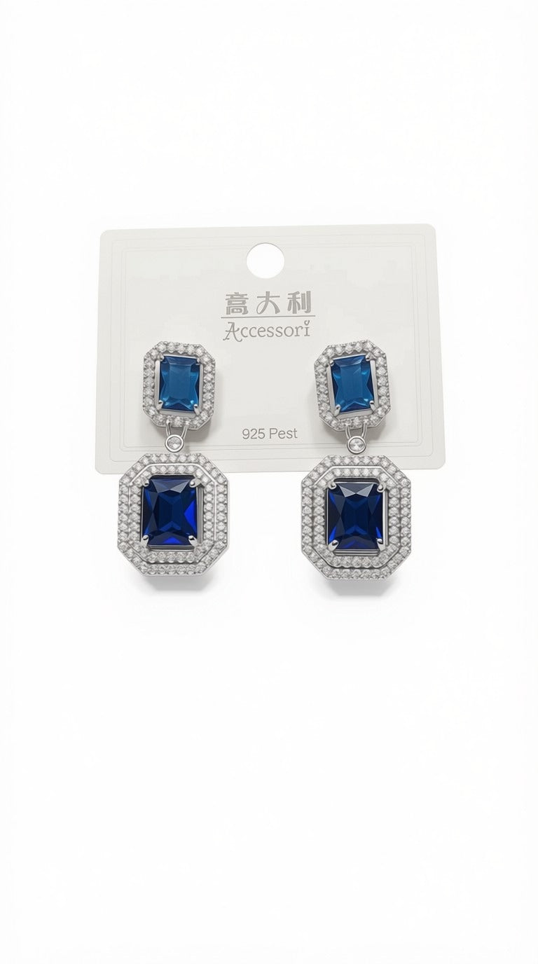 Royal Blue Crystal Statement Earrings | Elegant Geometric Dangle Drops | Bridal Wedding Jewelry for Bridesmaids | Classic Sapphire-Style Evening Earrings