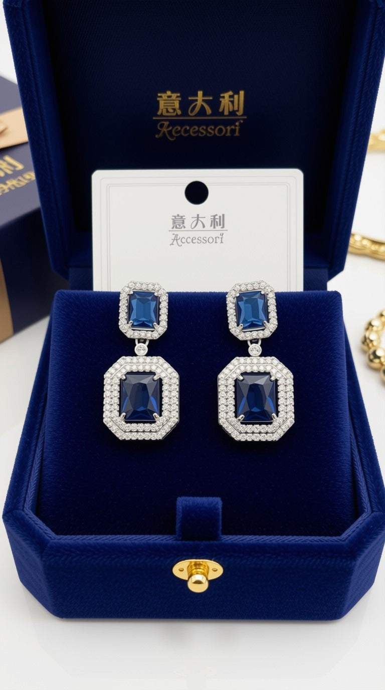 Royal Blue Crystal Statement Earrings | Elegant Geometric Dangle Drops | Bridal Wedding Jewelry for Bridesmaids | Classic Sapphire-Style Evening Earrings