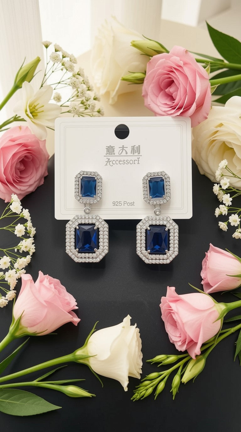 Royal Blue Crystal Statement Earrings | Elegant Geometric Dangle Drops | Bridal Wedding Jewelry for Bridesmaids | Classic Sapphire-Style Evening Earrings