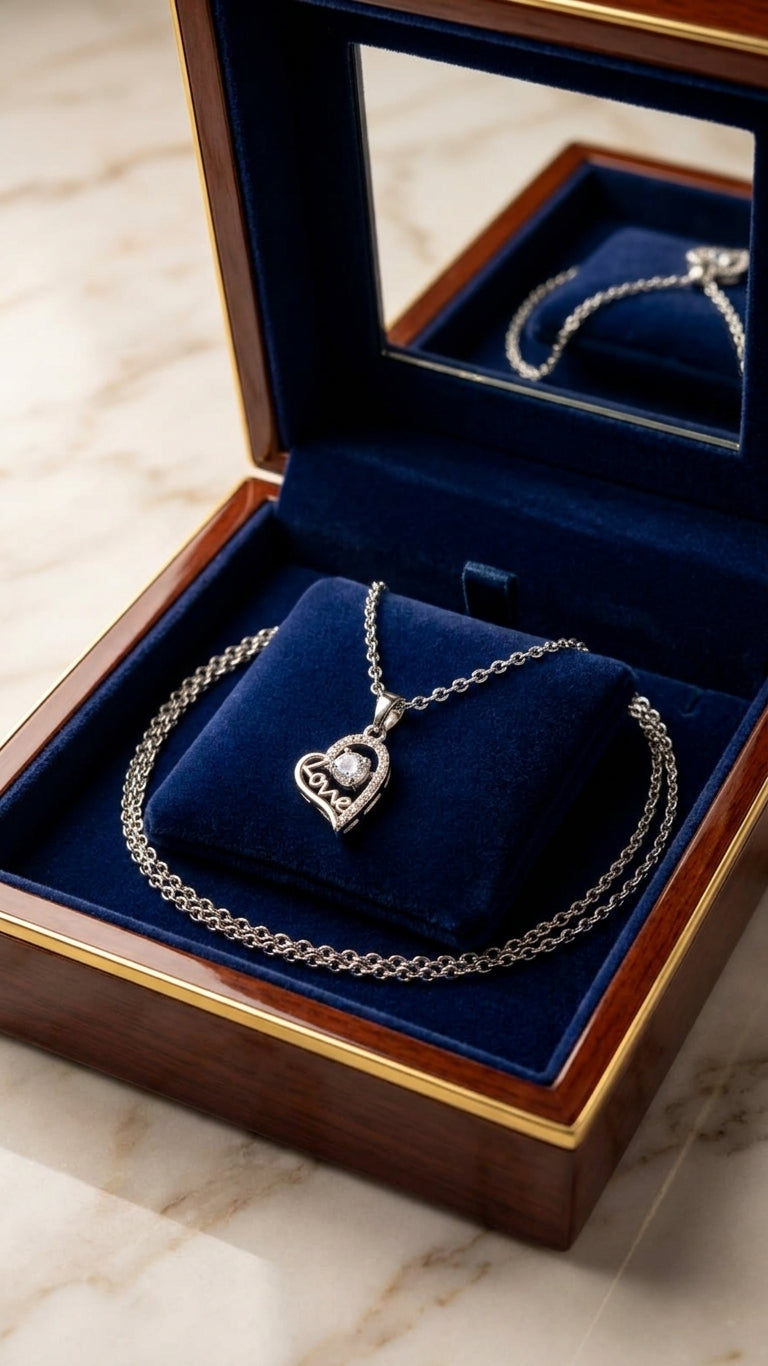 Silver cubic zirconia love heart pendant necklace with cable chain on white background – AureliaBlends