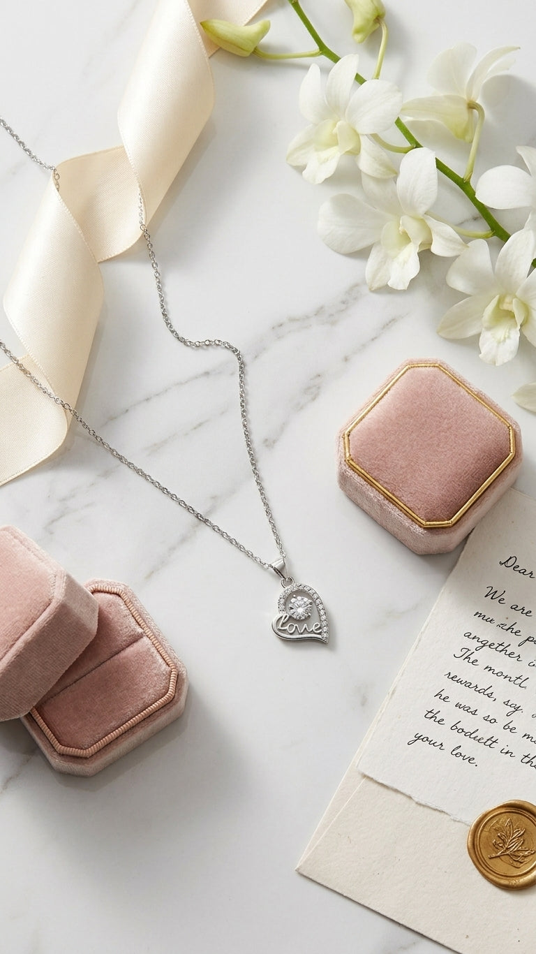 Silver love heart CZ pendant necklace on dark velvet background – AureliaBlends statement necklace