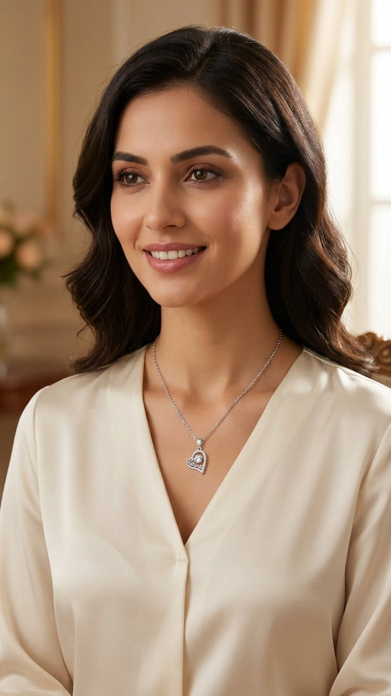 Close-up of silver cubic zirconia love heart pendant necklace – AureliaBlends bridal jewelry