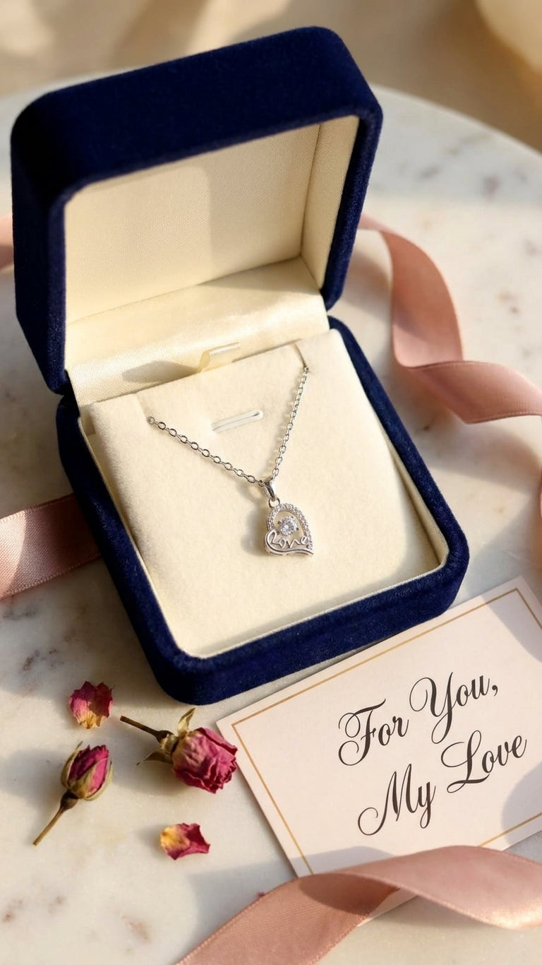 Silver love heart pendant necklace with CZ stones in gift box – AureliaBlends