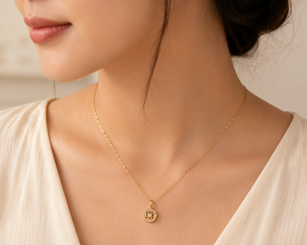 Gold CZ clover medallion pendant necklace in open champagne velvet gift box with Especially for You card, gold satin ribbon, cream roses and baby's breath – AureliaBlends gift for her