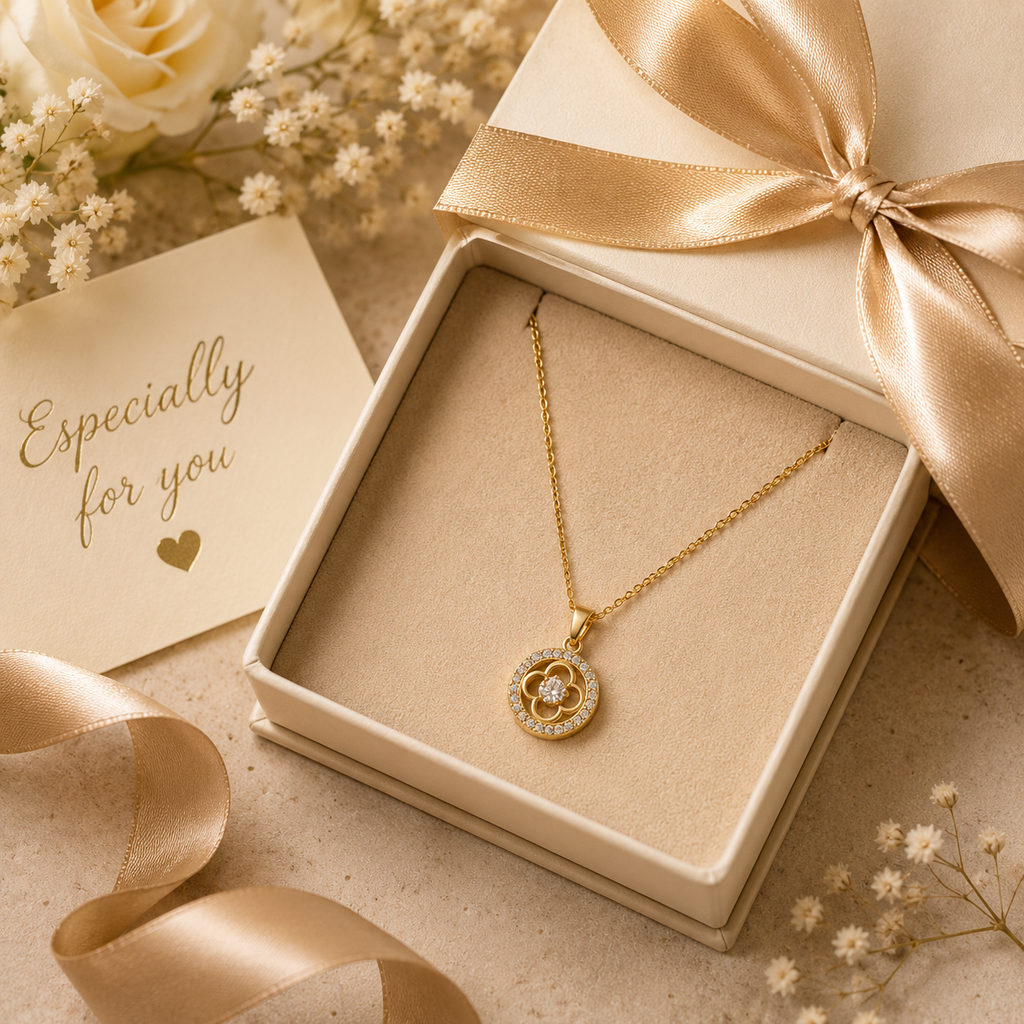 Gold CZ clover medallion pendant necklace on dark charcoal velvet jewelry bust in luxury boutique showcase with black gift box – AureliaBlends statement necklace display