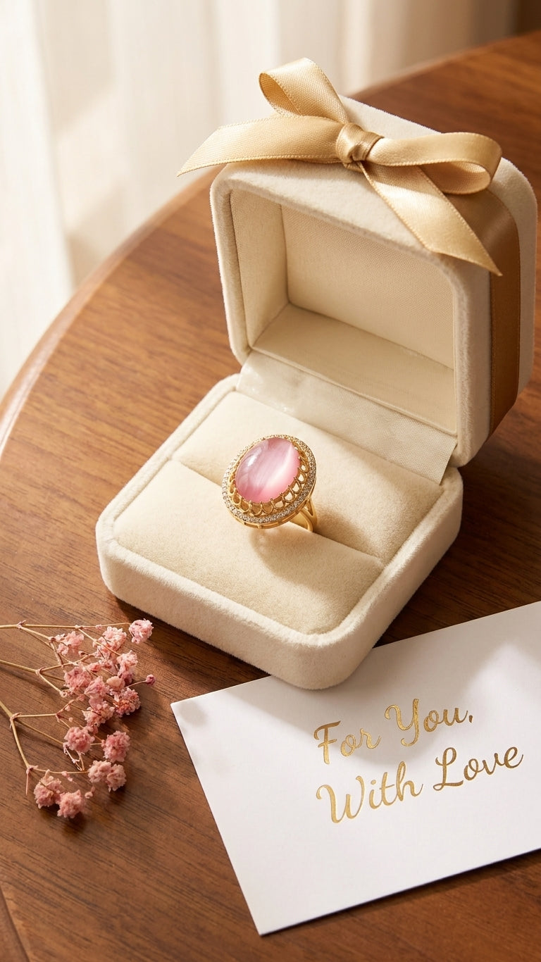 Pink oval stone gold statement ring on black velvet showing lattice halo setting and double-rail gold band – AureliaBlends