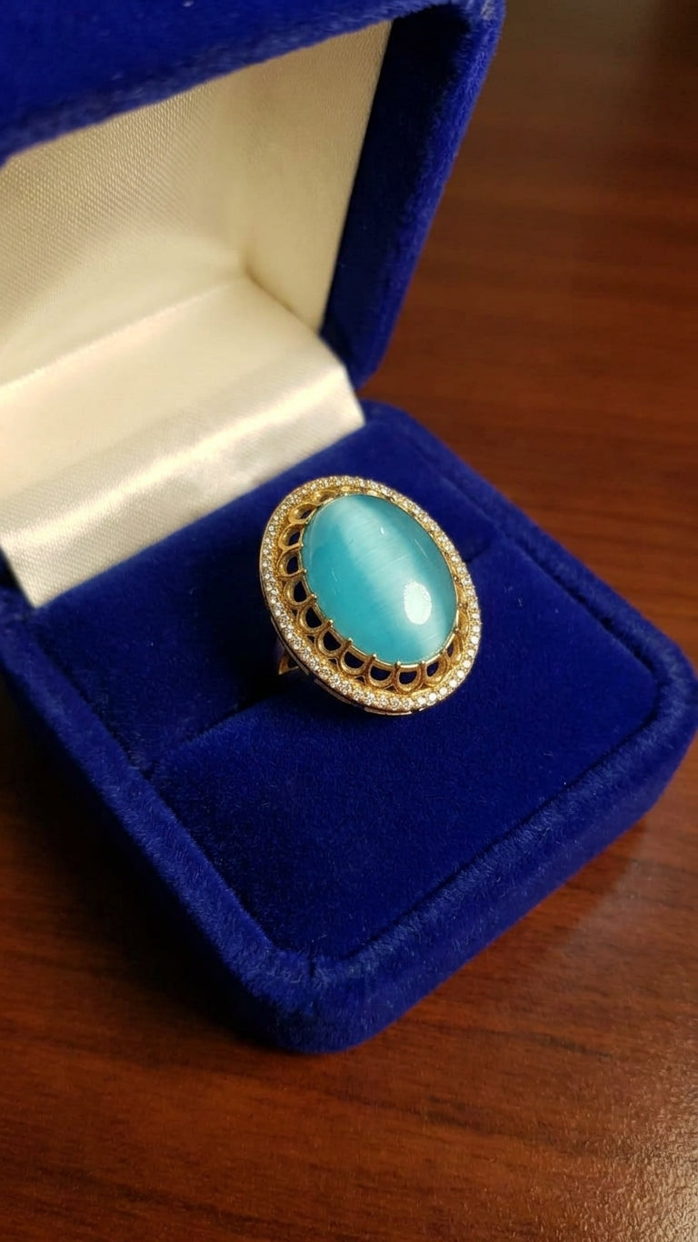 Turquoise oval stone gold statement ring in luxury royal blue velvet gift box – bridal jewelry gift for her – AureliaBlends