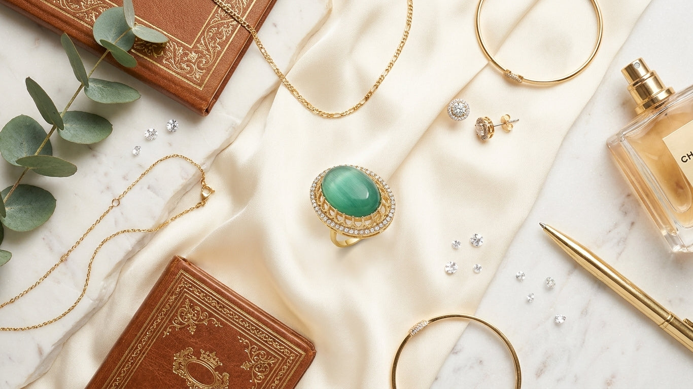 Side angle view of emerald green oval stone gold statement ring showing ornate lattice halo setting and slim gold band – AureliaBlends