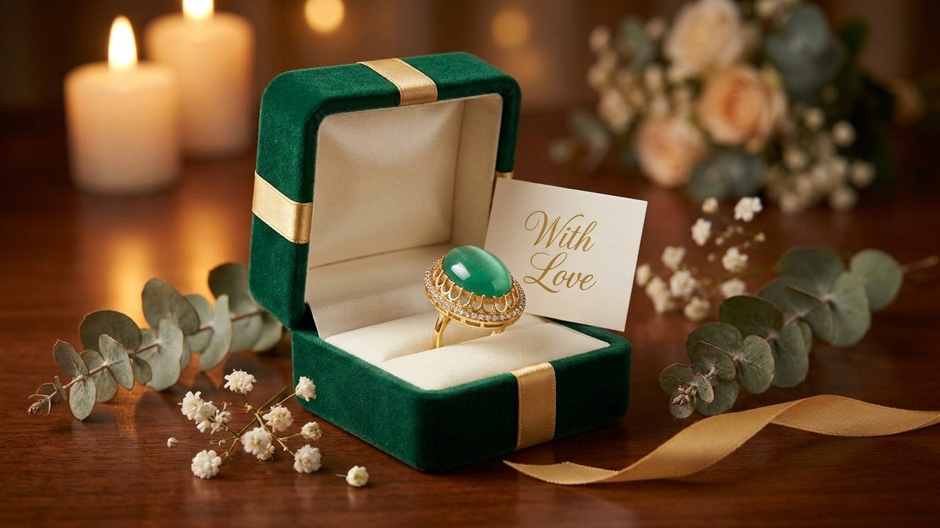 Emerald green oval stone gold statement ring styled in a luxury jewelry flatlay with gold necklaces, bracelets and earrings – AureliaBlends