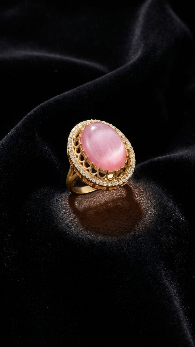Pink oval stone gold statement ring in luxury cream gift box with ribbon and 'For You With Love' card – bridal jewelry gift for her – AureliaBlends