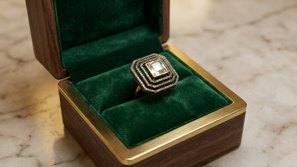 Crystal square stone gold-plated CZ statement ring in black velvet gift box with gold ribbon and For You tag – AureliaBlends