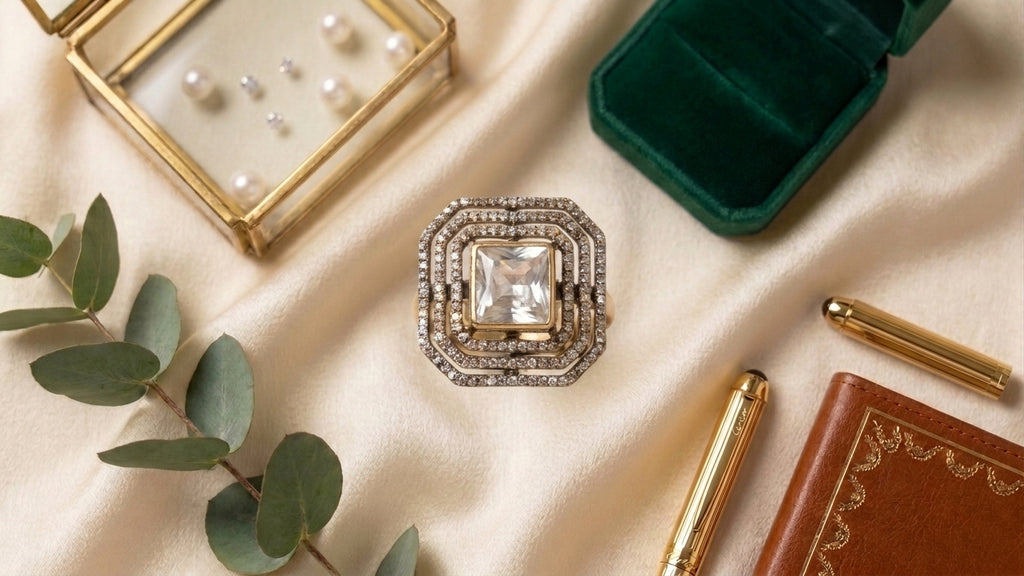 Crystal square CZ statement ring styled in luxury jewelry flatlay with pearl earrings, green velvet box and eucalyptus – AureliaBlends