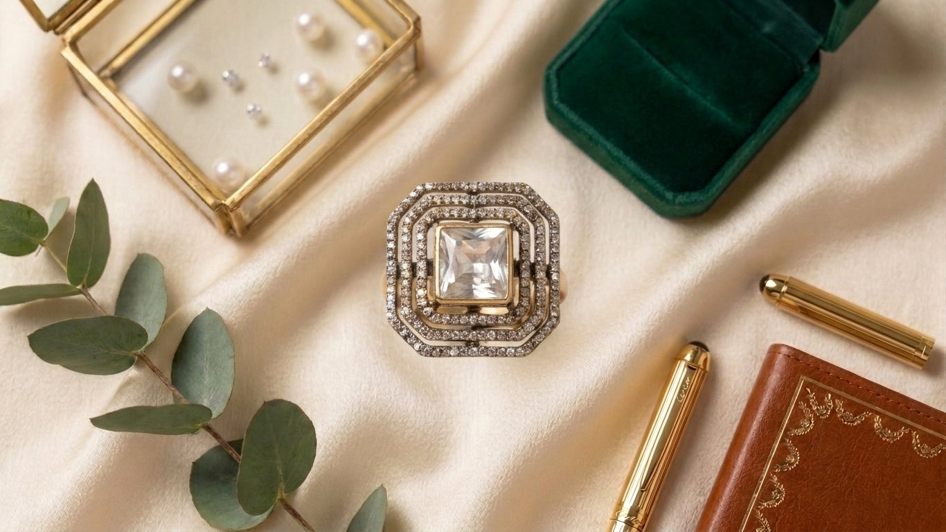 Crystal square CZ statement ring styled in luxury jewelry flatlay with pearl earrings, green velvet box and eucalyptus – AureliaBlends