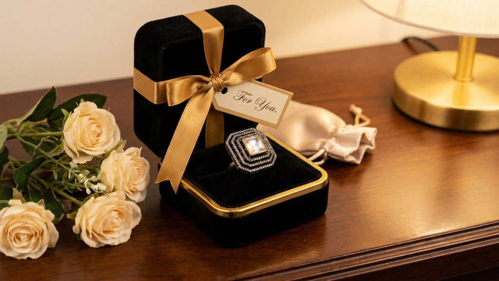 Crystal square stone statement ring in luxury green velvet and walnut wood gift box on marble surface – bridal jewelry gift for her – AureliaBlends