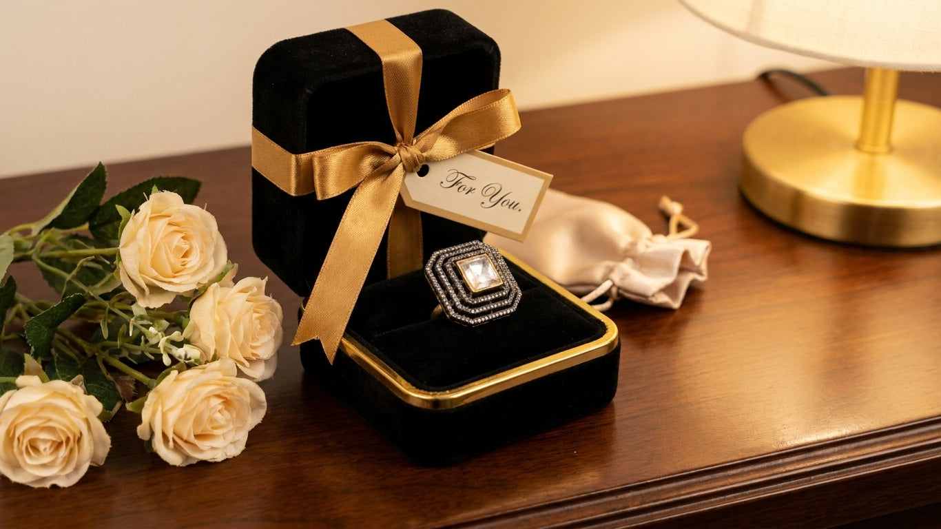 Crystal square stone statement ring in luxury green velvet and walnut wood gift box on marble surface – bridal jewelry gift for her – AureliaBlends