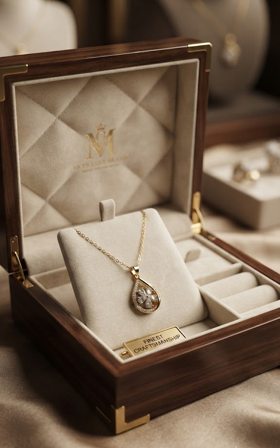 Gold CZ clover teardrop pendant necklace displayed in luxury wooden jewelry box with cream velvet lining – AureliaBlends