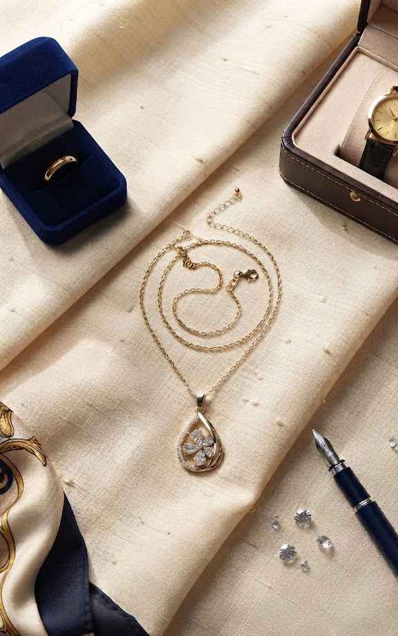 Gold CZ clover teardrop pendant necklace sparkling in black velvet jewelry box – AureliaBlends