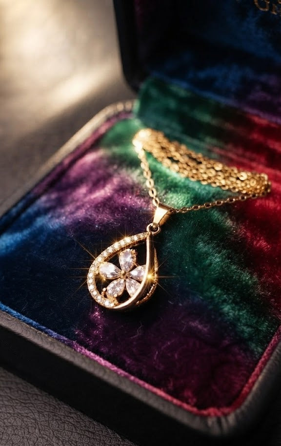 Gold CZ clover teardrop pendant necklace lifestyle flat lay with luxury accessories – AureliaBlends