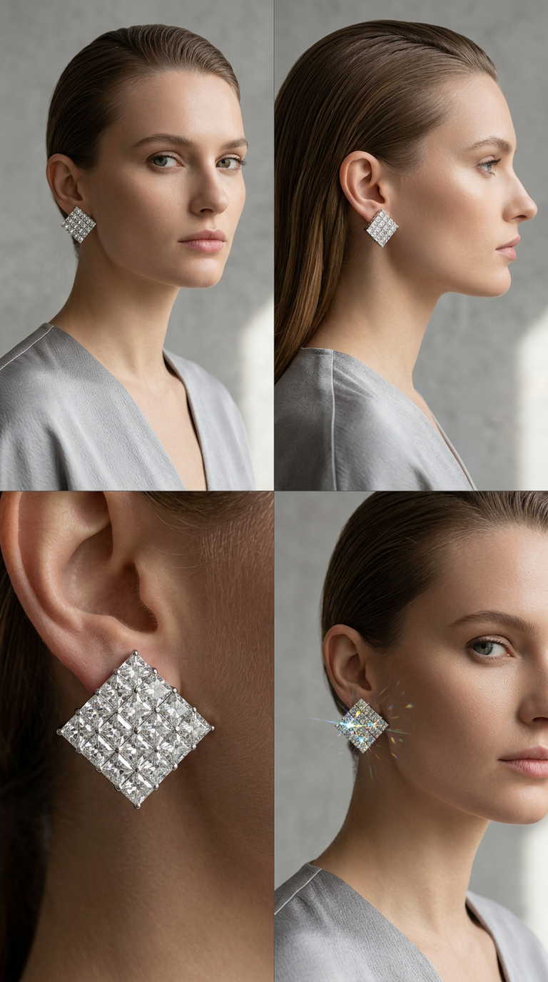 Crystal Grid Square Stud Earrings | Geometric Rhinestone Statement Earrings | Minimalist Modern Bridal Jewelry for Her | Sparkle Geometric Studs