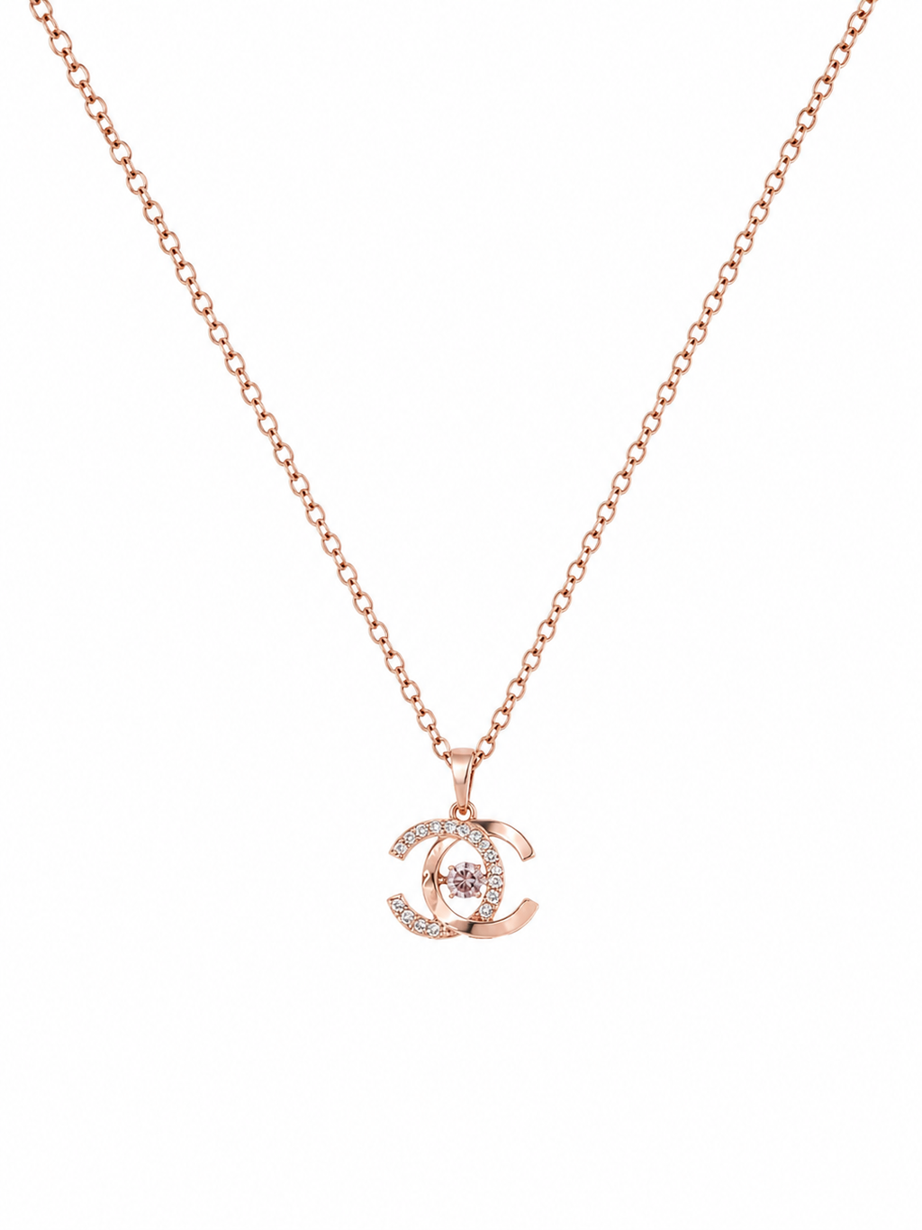 Rose gold CZ double-C interlocking pendant necklace on white background – AureliaBlends