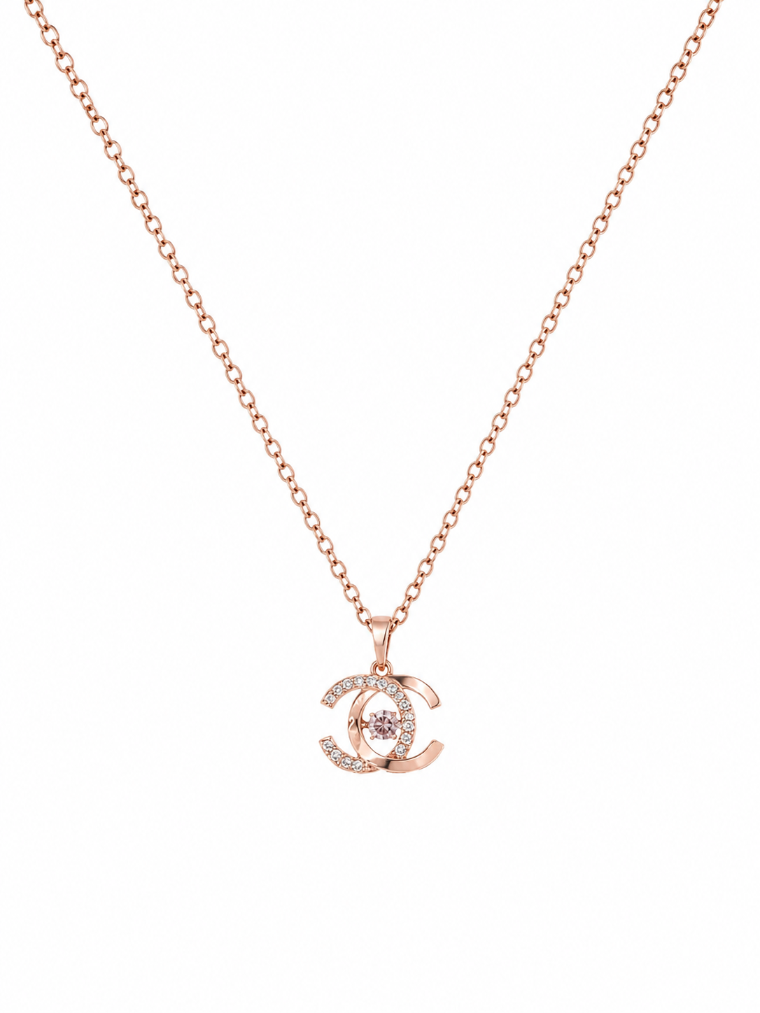 Rose gold CZ double-C interlocking pendant necklace on white background – AureliaBlends