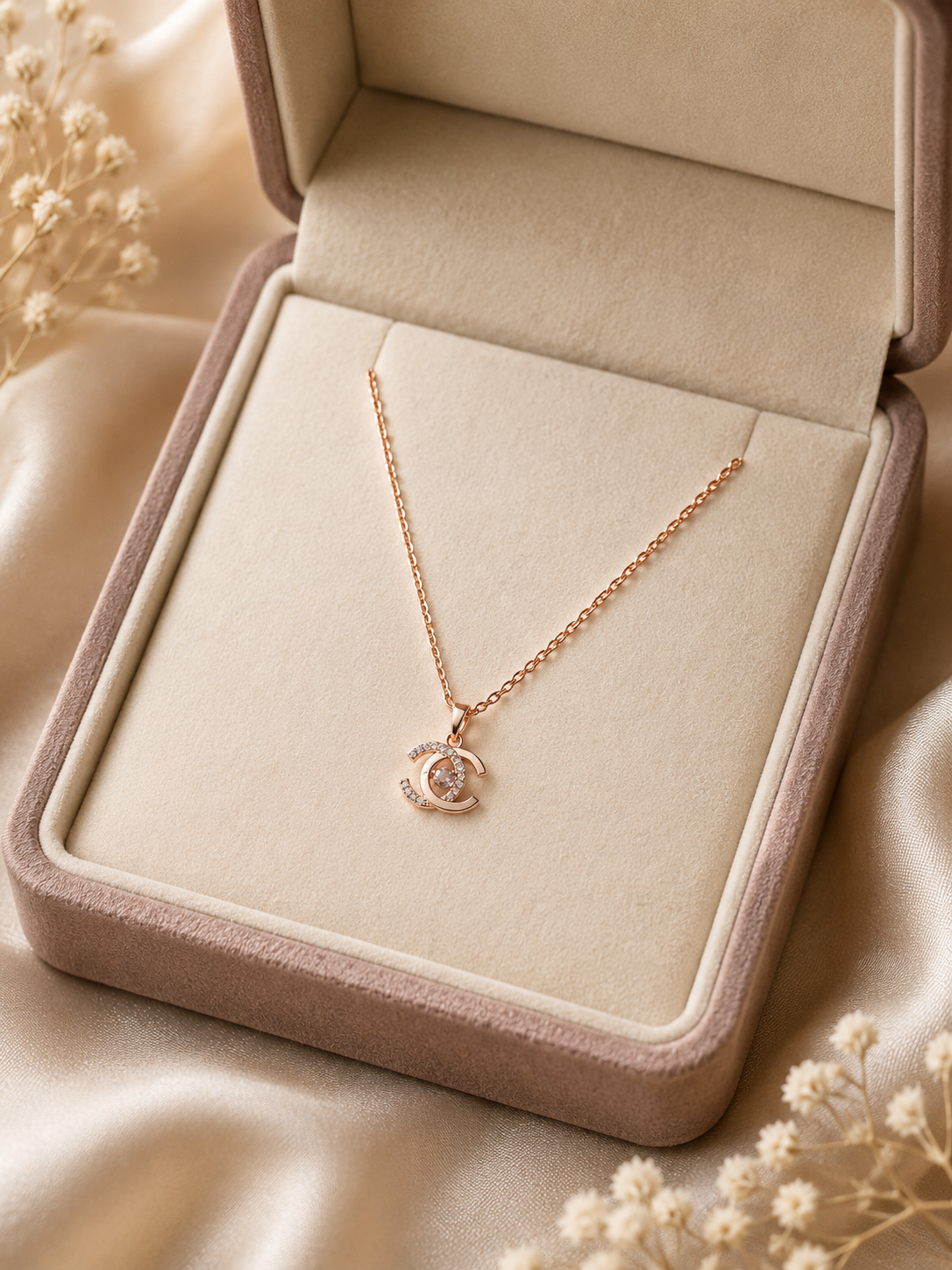 Rose gold CZ double-C pendant necklace in beige velvet jewelry gift box with dried flowers – AureliaBlends