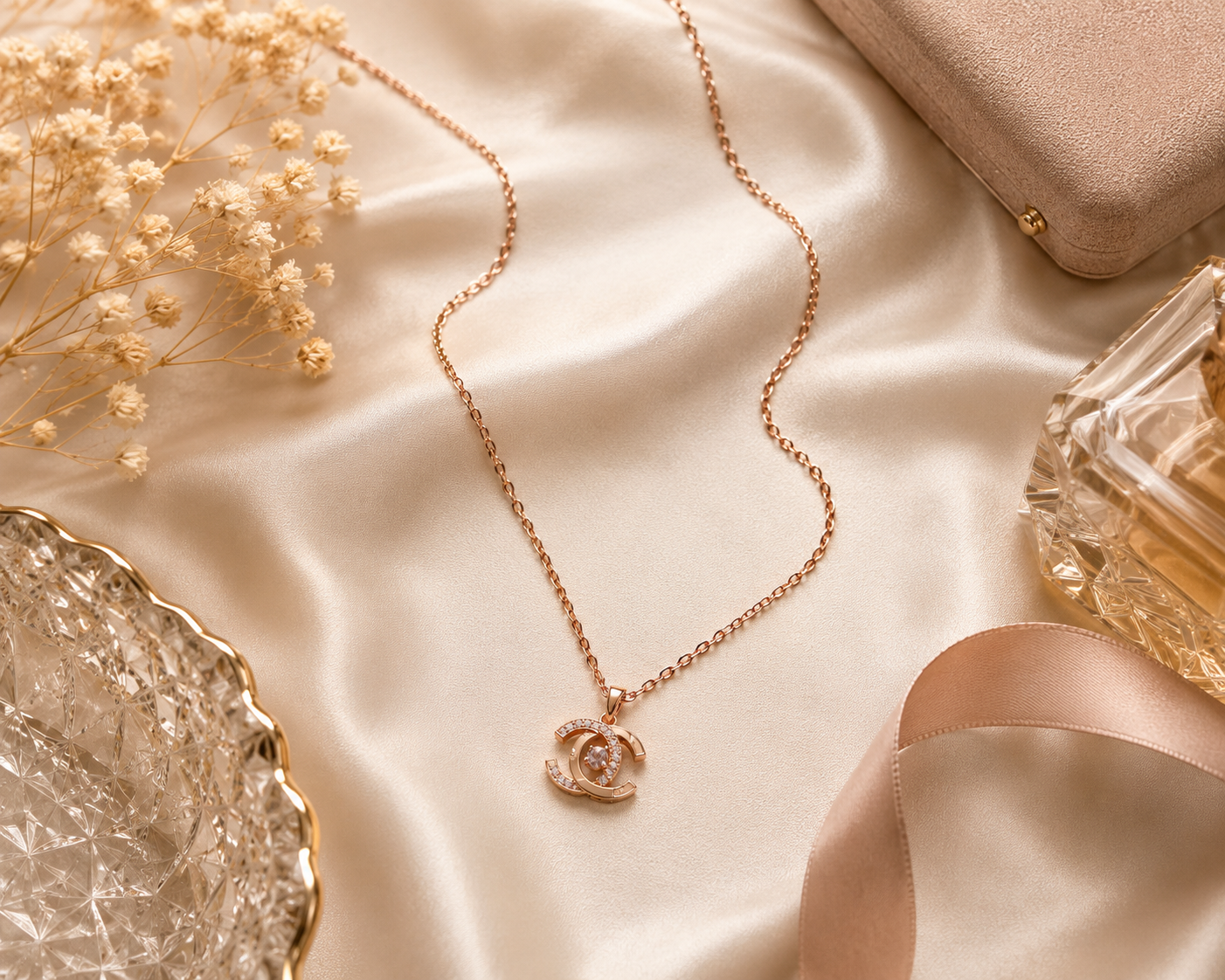 Rose gold CZ double-C pendant necklace flat lay on cream satin with dried flowers and perfume bottle – AureliaBlends