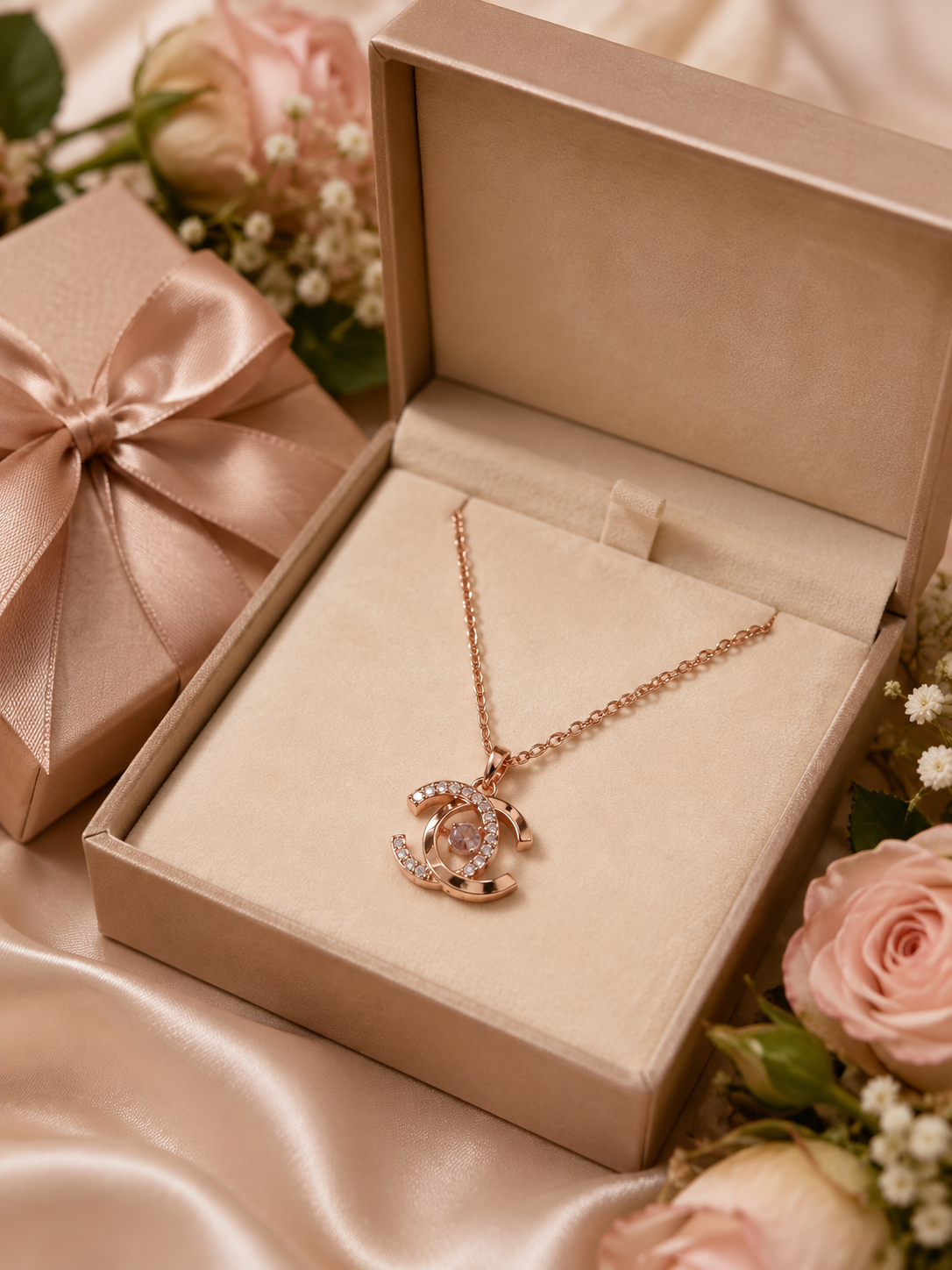 Rose gold CZ double-C pendant necklace in gift box with pink roses and satin ribbon – AureliaBlends
