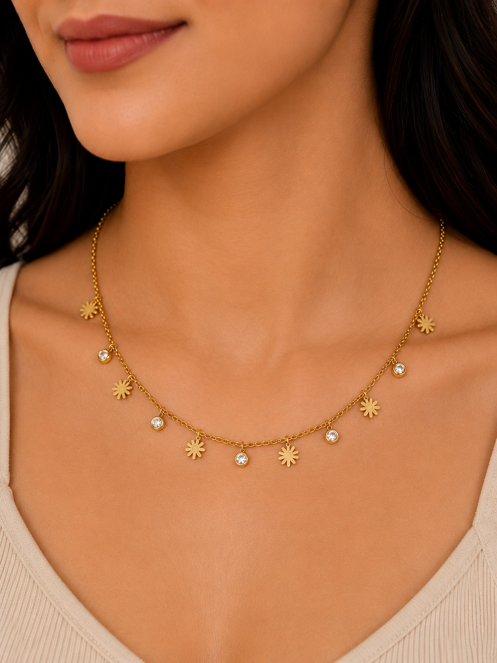 Gold Daisy Flower CZ Drop Charm Necklace – Dainty Floral Chain
