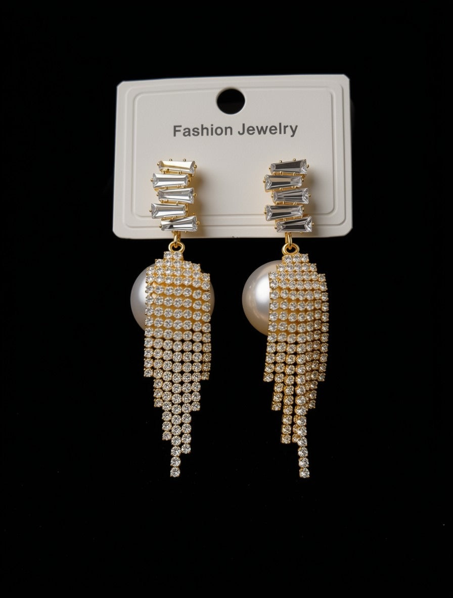 Luxury Crystal Fringe Statement Earrings | Glamorous Pearl Dangle Tassel Earrings | Bridal Wedding Jewelry for Bride | Gold Rhinestone Chandelier Drops