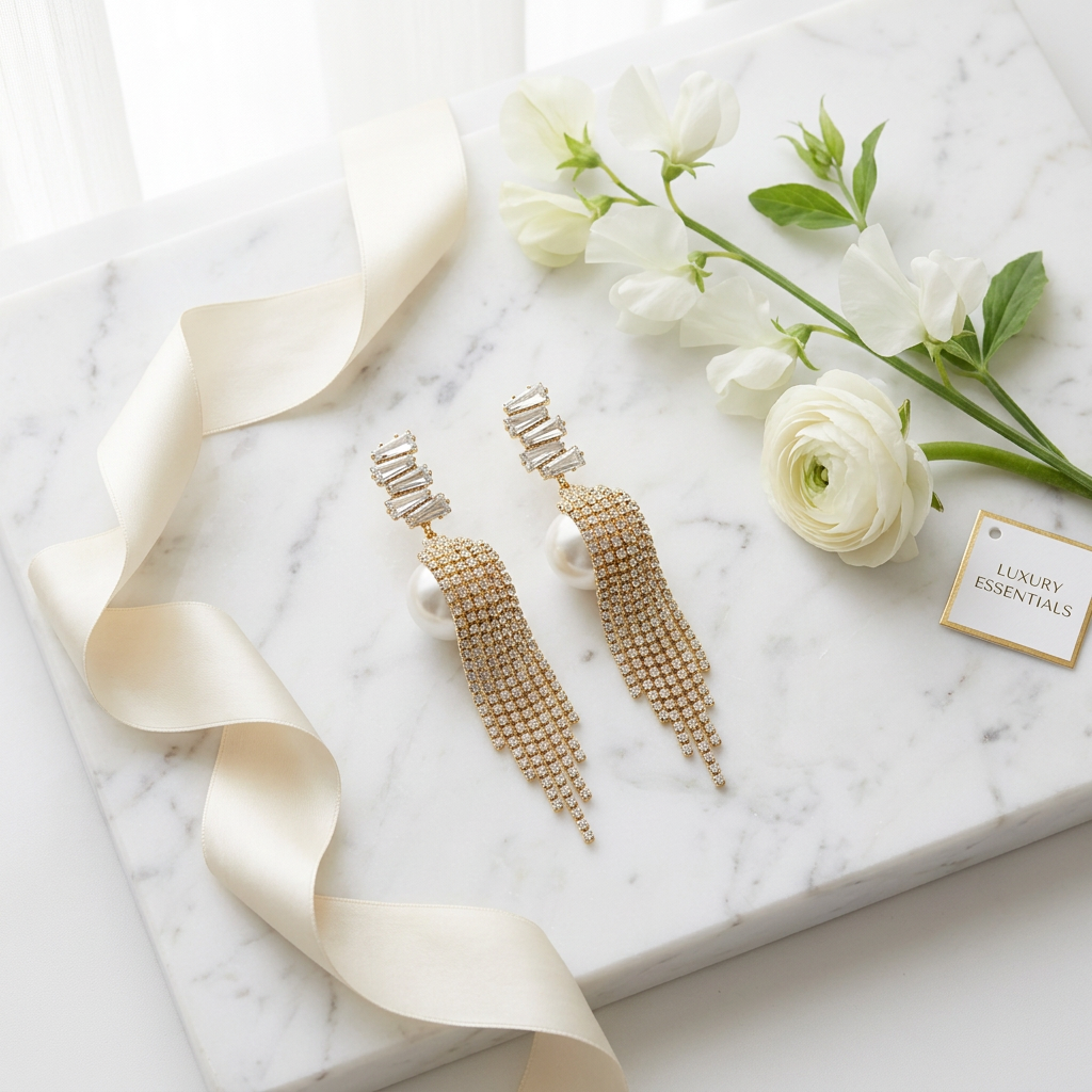 Luxury Crystal Fringe Statement Earrings | Glamorous Pearl Dangle Tassel Earrings | Bridal Wedding Jewelry for Bride | Gold Rhinestone Chandelier Drops