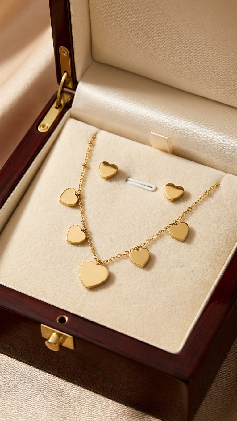 Gold heart charm necklace and earrings set on black bust display surrounded by pink roses and floral backdrop – AureliaBlends