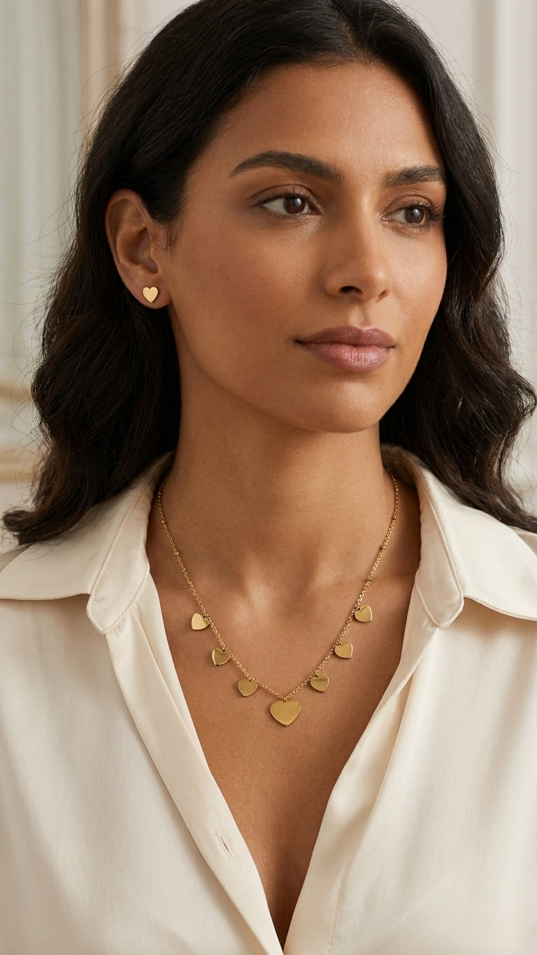 Gold heart charm necklace and stud earrings set in beige velvet gift box with For You card and dried flowers – AureliaBlends