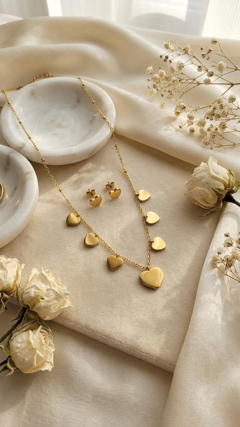 Gold heart charm necklace and earrings set displayed in luxury jewelry store on cream bust with 18K gold new collection sign – AureliaBlends