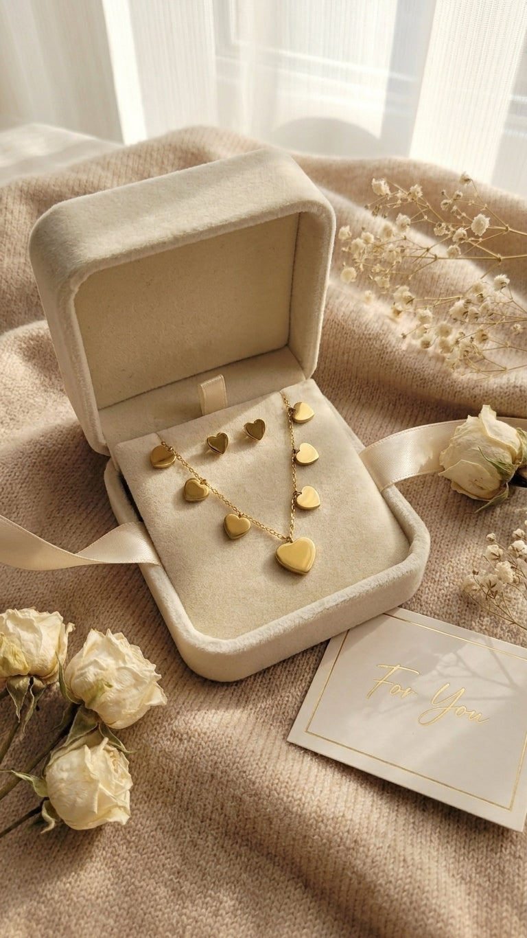 Gold heart charm necklace and stud earrings set in wooden jewelry box with cream velvet lining – AureliaBlends
