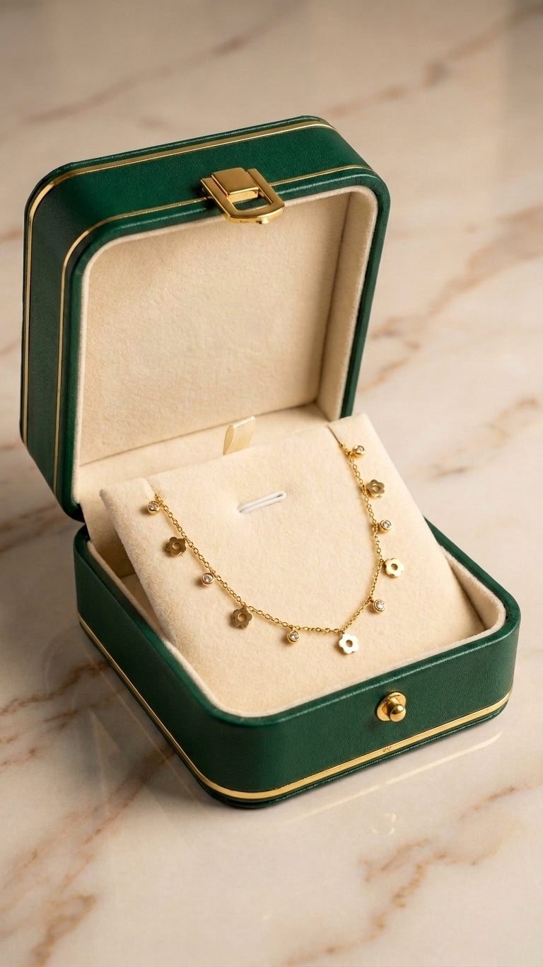 Gold daisy charm CZ dangle necklace in open green velvet jewelry box with white ranunculus flowers – bridal jewelry gift