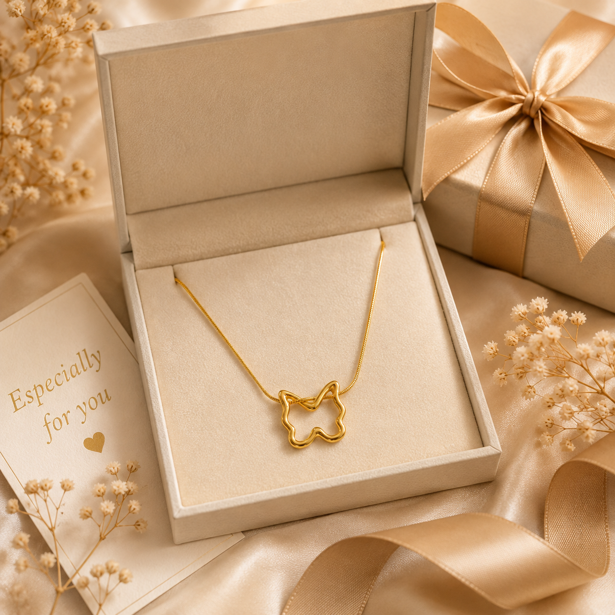 Gold butterfly pendant necklace in beige luxury gift box with ribbon and 'Especially for You' card – perfect gift for her