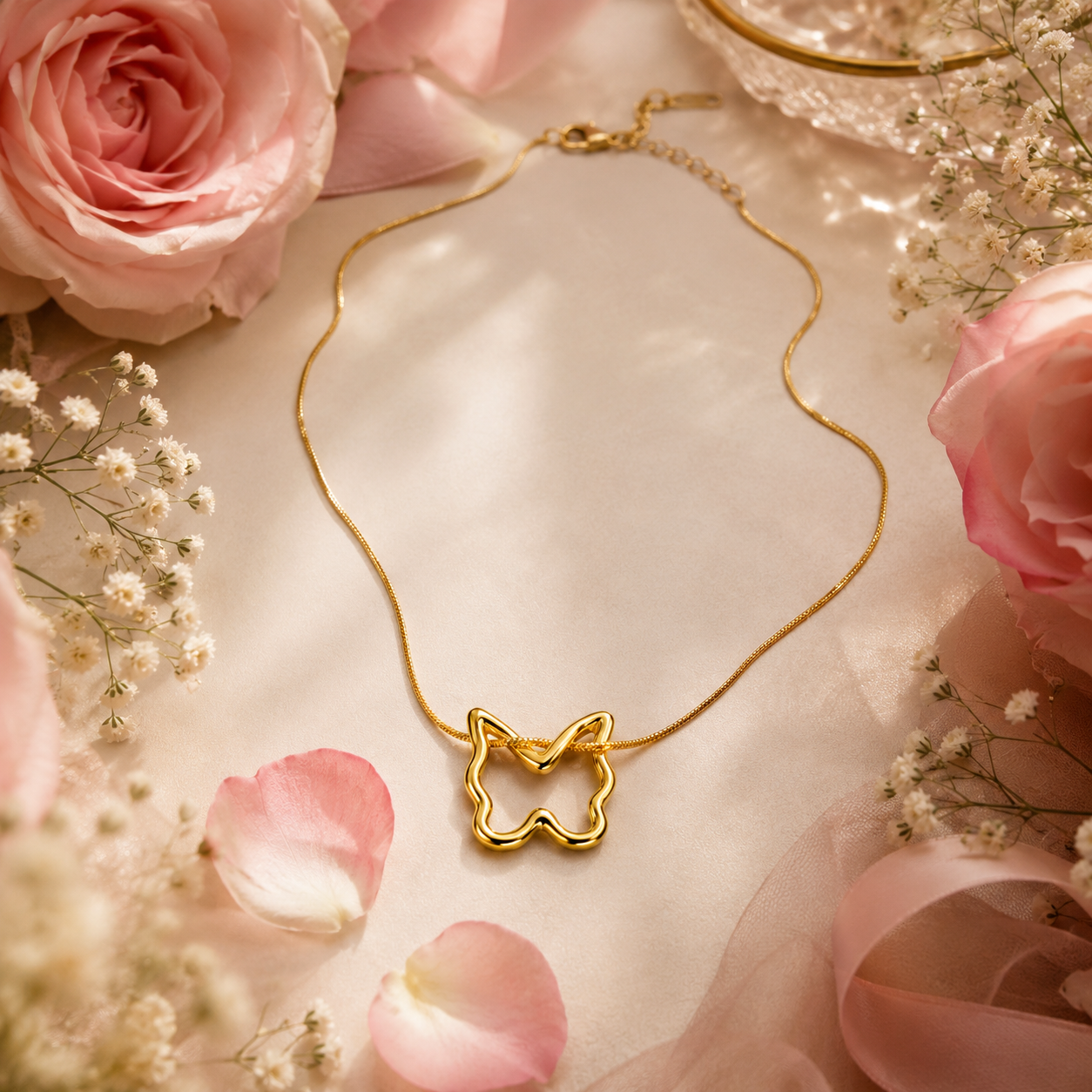 Gold butterfly necklace flatlay on white marble with florals – dainty butterfly pendant necklace wedding guest jewelry