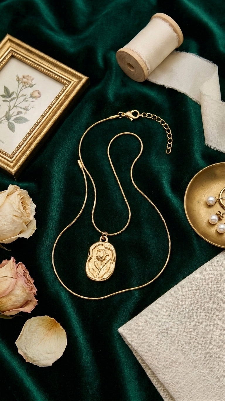 Gold oval tulip engraved locket pendant on snake chain on dark velvet jewelry bust against black background – statement necklace AureliaBlends