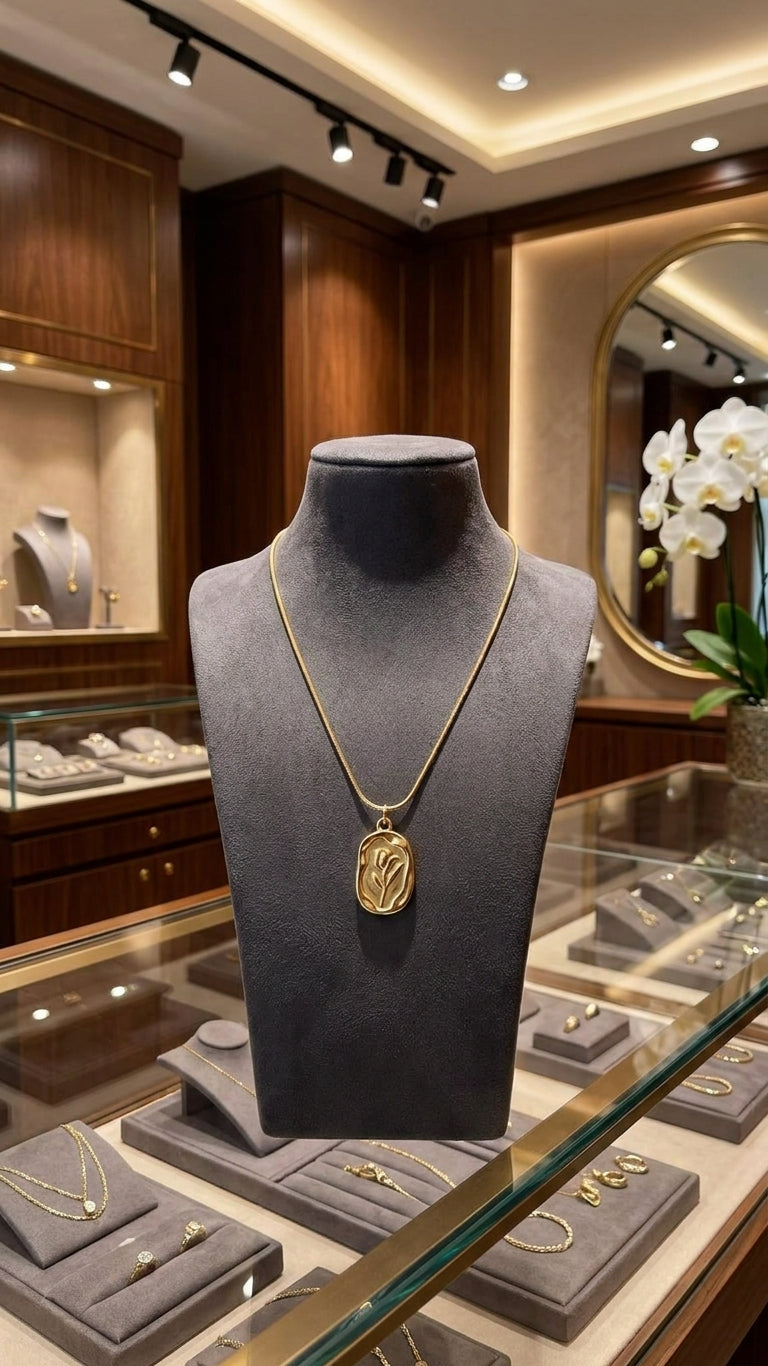 Gold engraved tulip locket necklace in black velvet box surrounded by gold tulips, champagne flutes and pearl bracelet – bridal shower gift