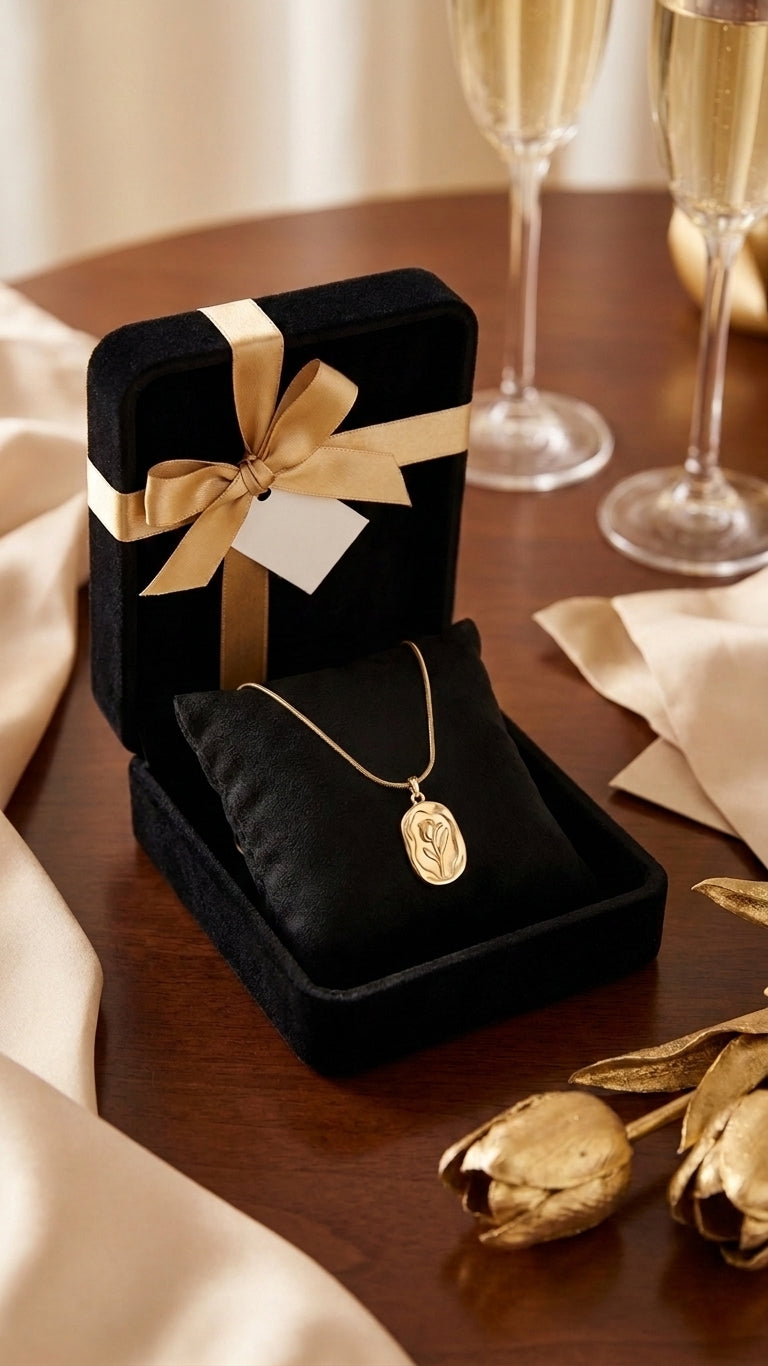 Gold tulip locket pendant necklace close-up on woman's neckline in satin blouse – dainty gold engraved pendant necklace gift for her